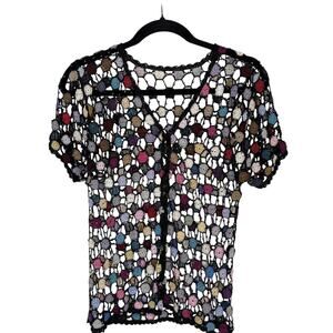 Handmade Crochet Shirt Womens Medium Sheer Mesh Floral Boho Festival Top